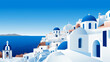 © Dirk - copy space, simple vector illustration, simple colors, santorini, greece. World famous Greece Island in the Mediterranean sea. Must-see place in Europe. Beautiful travel destination. Design for advert
