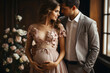 Beautiful pregnant woman with her husband in a room with flowers. ia generated