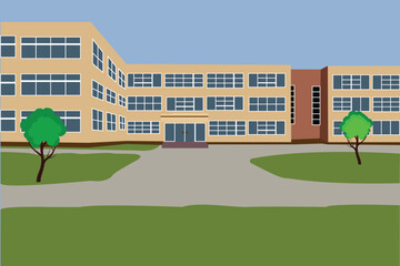 Wall Mural - Building high school of the American or European with trees .A city landscape with a house facade with windows and doors. In flat cartoon style a vector. Education of children. school  vector .