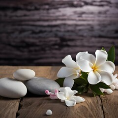 Spa and yoga stones with flowers , White orchid and black stones close up.