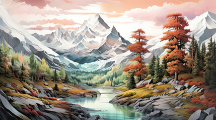 Colorful mountain wilderness AI generative	