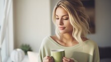 Blonde caucasian beauty young woman drinking tea matcha. Natural light