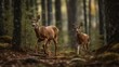 Whitetail Deer doe with young fawn in the forest. Wildlife Concept with a Copy Space. Hunting Concept with a Copy Space. 