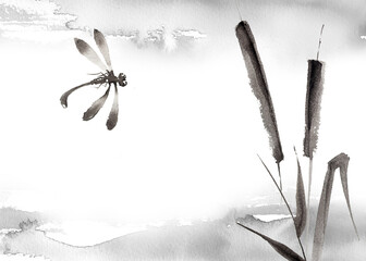 Beautiful black and white hand painted dragonflies design.Calmness and mindfulness concept design. Eastern culture illustration.Hand painted ink background.