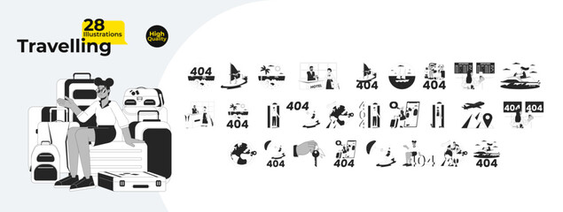 Poster - Travel destinations black and white 2D illustration concepts bundle. Diverse people travelers cartoon outline characters isolated on white. Getaway vacation 404 error monochrome vector art collection
