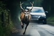 Deer running in front of moving car.