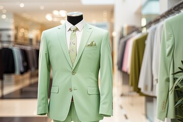 Wall Mural - A Classic Suit in pastel green color in a Clothing Store.