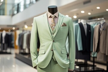 Wall Mural - A Classic Suit in pastel green color in a Clothing Store.