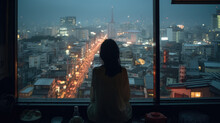 Silhouette Of A Woman Standing By The Window Of A Skyscraper Taking In The View Of The City In Rain At Dusk
