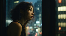 Asian Woman Standing By The Window Of A Skyscraper Taking In The View Of The City In Rain At Dusk