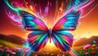 Vivid depiction of a butterfly with radiant wings against a sunset backdrop, with neon-like light trails enhancing its allure. Generative AI