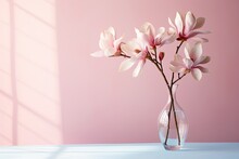 Beautiful Pink Magnolia Flower In Transparent Glass Vase Standing On White Table, Sunlight On Pastel Pink Wall.