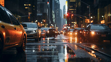 In a metropolis at night under heavy rain traffic is congested at a busy intersection observed at road level. Generative AI