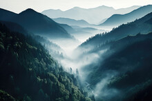Landscape Of A Forest Valley With A River Covered In Fog In The Morning