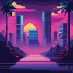 Leinwandbilder - Vector pixel art of 80s Retro sci-Fi background. Synthwave, Vaporwave, Retrowave. Pixel art background with mountains. 8bit 
