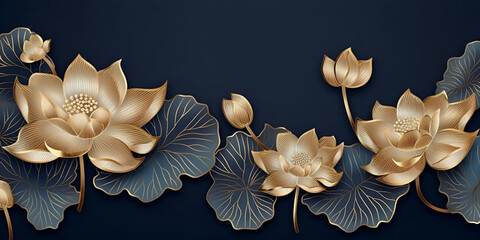 golden lotus line arts on dark blue background luxury gold wallpaper design wedding background
