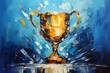 Golden trophy and streamers in sport competition with blue background.  Palette knife oil painting.