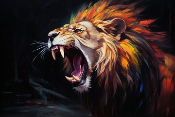 Wall Mural - Lion roaring on black background. Palette knife oil painting.	