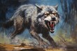 Wolf running snarling with teeth. Palette knife oil painting.