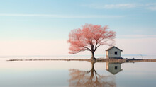 White Cottage Next To A Lone Tree At The Lake