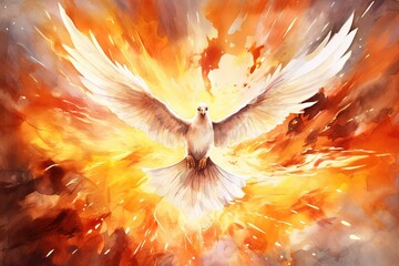 Poster - Pentecost background with flying dove and fire. Watercolor painting.