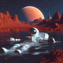 Wall Mural - an astronaut swims in a lake on Mars 3d