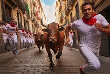 Running Of Bulls In Pamplona, Spain.