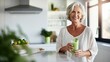 Healthy Senior Woman Smiling While Holding Glass of Green Juice. Generative AI