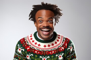 Wall Mural - Smiling african american man in ugly Christmas sweater.