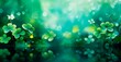 Green abstract St Patricks day horizontal background with sparkling shamrock shapes, Green clover leaves , 17 march holiday concept., wallpaper banner 