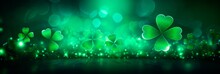 Green Abstract St Patricks Day Horizontal Background With Sparkling Shamrock Shapes, Green Clover Leaves , 17 March Holiday Concept., Wallpaper Banner 