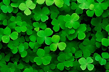 Wall Mural - Green abstract St Patricks day horizontal background with sparkling shamrock shapes, Green clover leaves , 17 march holiday concept., wallpaper banner 