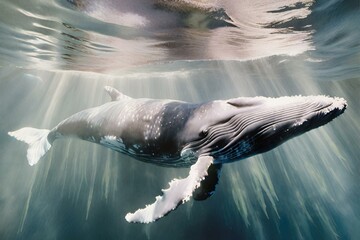 Wall Mural - Whales in an underwater in watercolor wallpaper, Watercolor Whales background