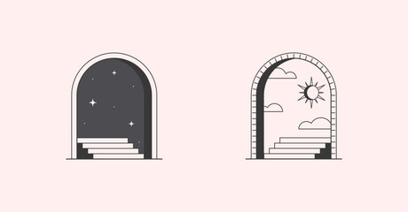 Wall Mural - Vector mystic logo design templates with portals,steps,night,stars and day with crescent moon. Surreal abstract illustrations in trendy minimal outline style.Magical emblems.Branding design templates.