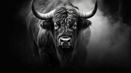 Portrait of a bull with black hair in monochrome style. Illustration for cover, card, postcard, interior design, decor or print.