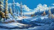 Autumn landscape. Detailed Snowy Forest Scene. A serene, chilly landscape with vibrant trees, perfect for holiday and nature-themed illustrations. Mountains. Realistic style. Simple cartoon design