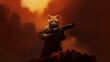 Cute soldier cats. A stern cat in military uniform and with a rifle. Holds a gun in his paw. Realistic style. Oil painting.
