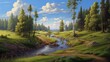 Summer landscape. Detailed forest scene. A serene, chilly landscape with vibrant trees, perfect for holiday and nature-themed illustrations. Mountains. Realistic style. Simple cartoon design