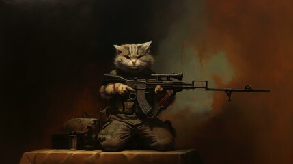 Cute soldier cats. A stern cat in military uniform and with a rifle. Holds a gun in his paw. Realistic style. Oil painting.