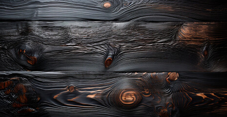  Dark burnt wood texture, black panoramic background - AI generated image