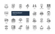 restaurant food chef kitchen cooking for dining detailed outline line icon set