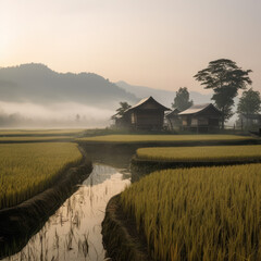 Sticker - An extensive rice paddy with traditional huts 
