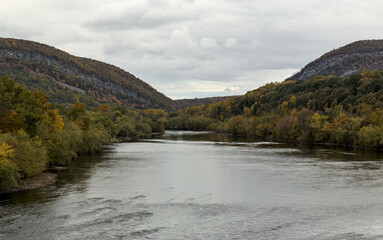 Wall Mural - delaware water gap view from viaduct  (autumn with fall colors, trees changing) beautiful landscape Pennsylvania and new jersey border (river, sky, trees, mountains) travel, hiking, walking, scenic