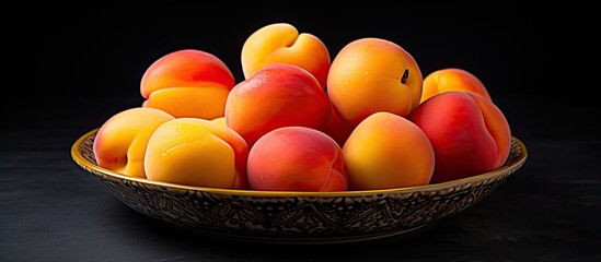 Wall Mural - Closeup of fresh ripe apricots on a black plate