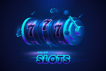 Vector Slot Machine With Flying Poker Chips Around. Isolated On Dark Blue Background. Online Casino Slots Banner Concept. Lucky Triple Sevens. Gambling Illustration.