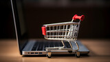 Fototapeta Tęcza - E-commerce: Miniature shopping cart in front of a computer - created with generative AI