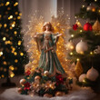 Dekoracja świąteczna - aniołek - stojący w pokoju w domu obok ustrojonej choinki