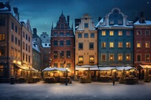 Stockholm, Sweden. Abstract Image Quality Scenic Christmas Market In Gamla Stan, Fairy Winter Night.