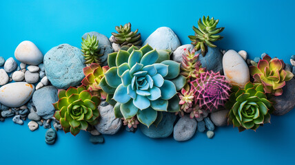 Poster - succulent plant in a blue vase on a gray background