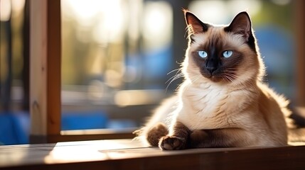 On the Windowsill, Siamese Cat Enjoys Sunset Glow, Sapphire Eyes Glinting